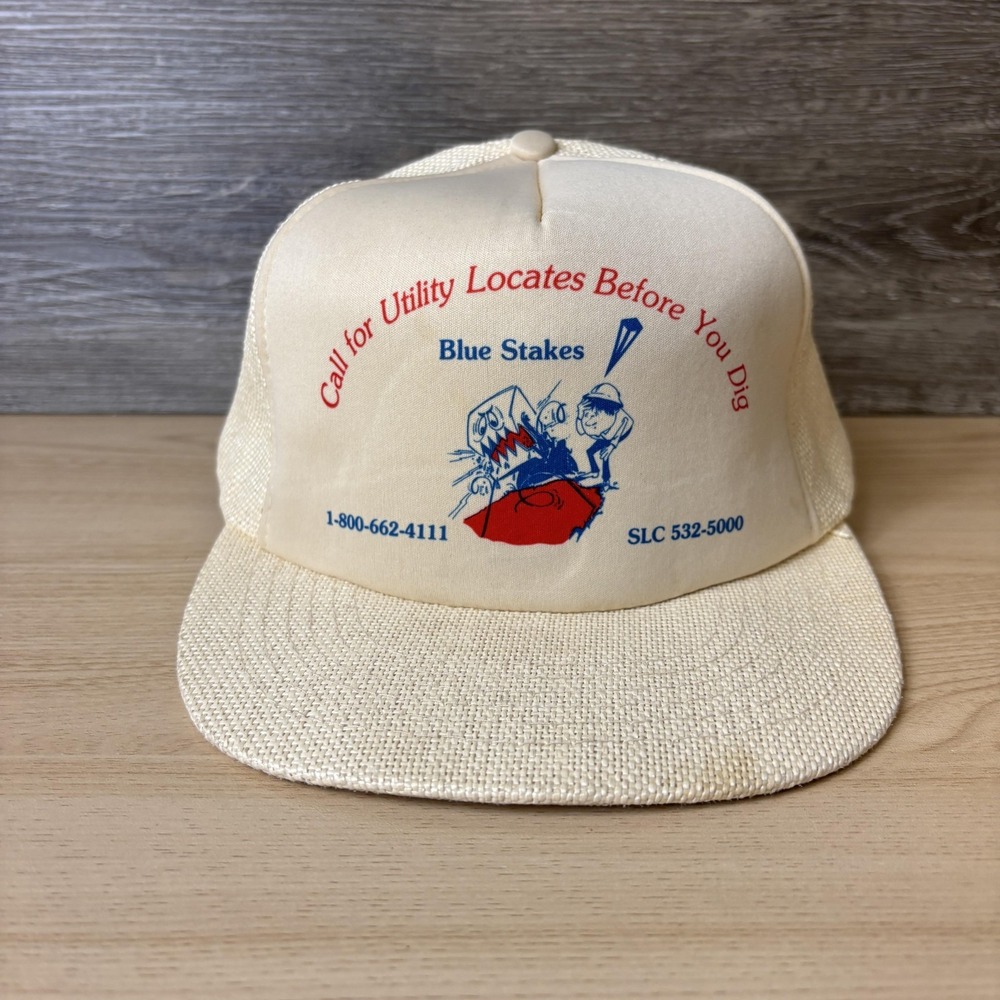 VINTAGE Blue Stakes Hat Cap Snap Back Cream Mesh Trucker Advertising Mens 90s